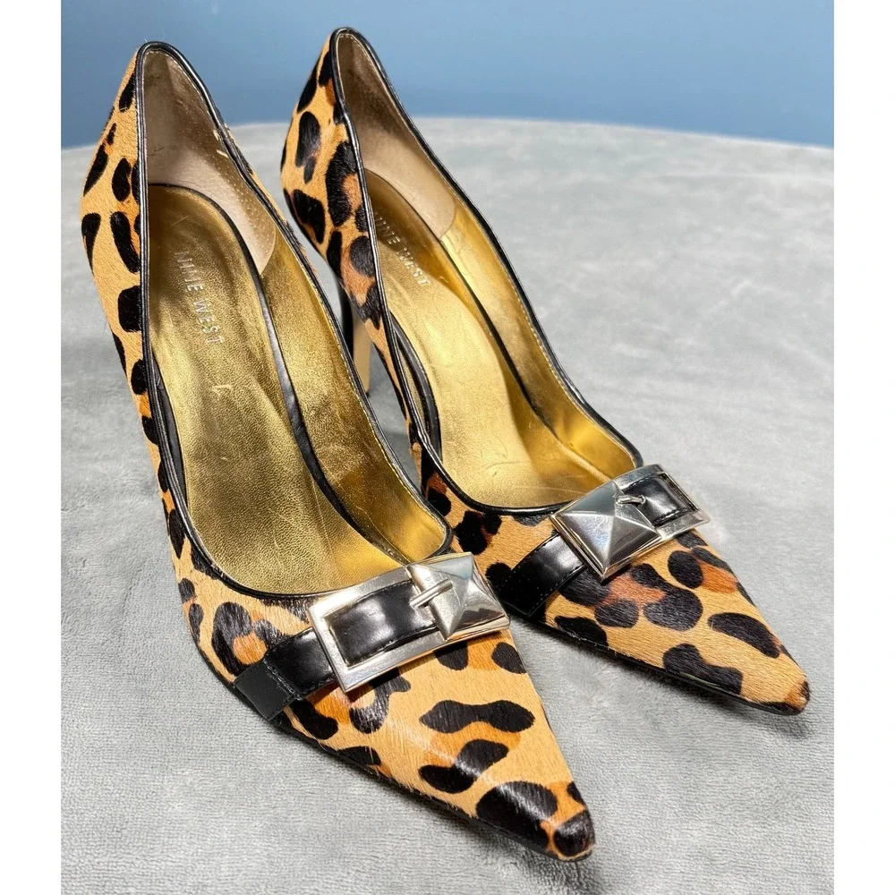 Nine West Heels Womens 10M Leopard Print Calf Hair Pointed Toe Pumps Buckle